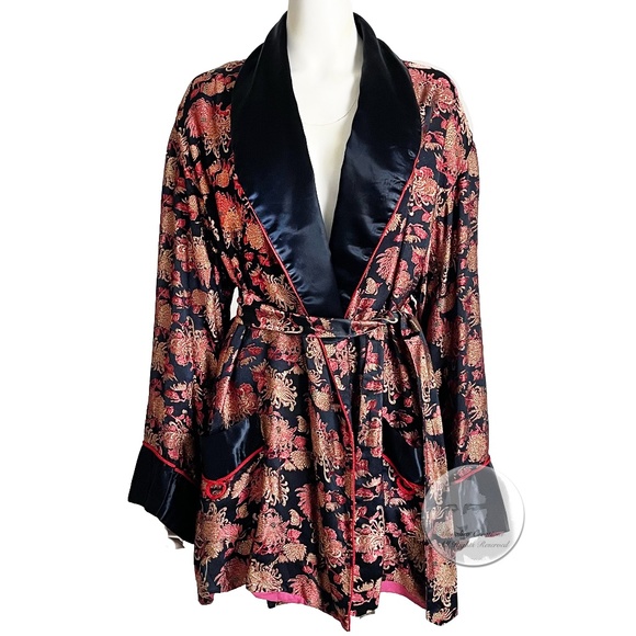 Japanese Robe Black Satin with Metallic Floral Embroidery Vintage Loungewear HTF - Picture 5 of 10